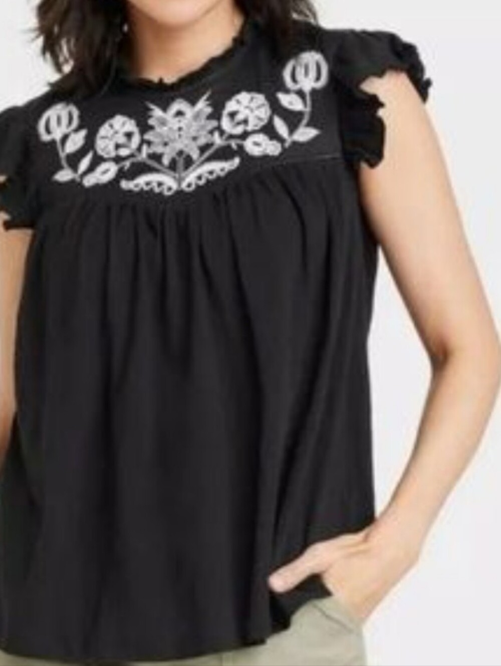 Knox Rose Black Embroidered Yoke Flutter-Sleeve Camisole